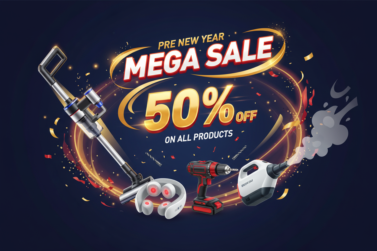 add pre new year mega sale with 50% off on all products with animations